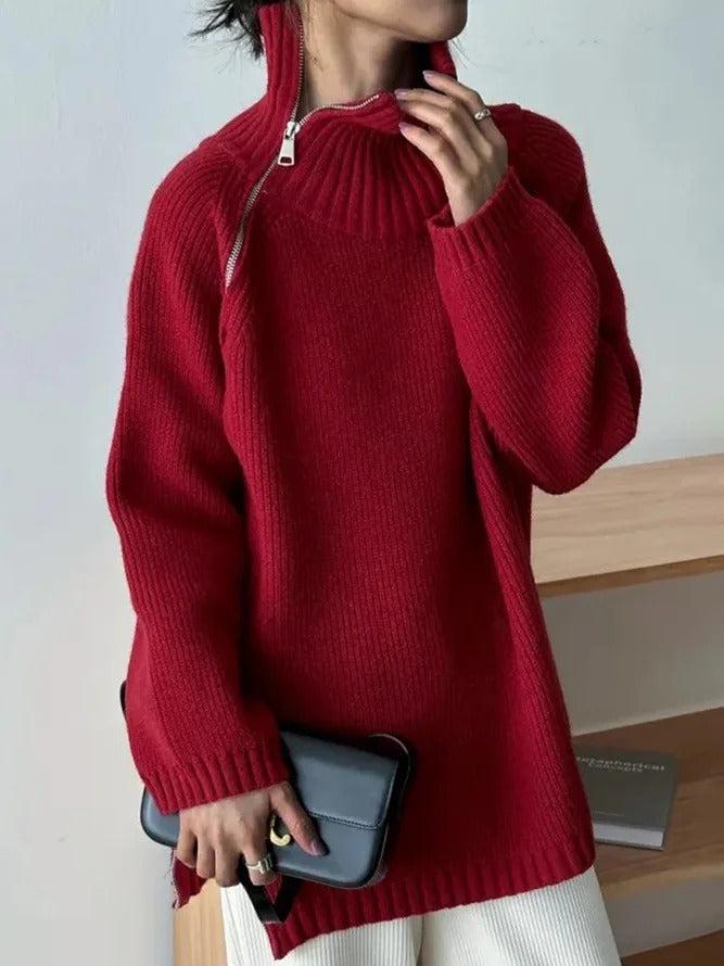 HerbstTrend® - Roter einfarbiger Pullover mit hohem Ausschnitt