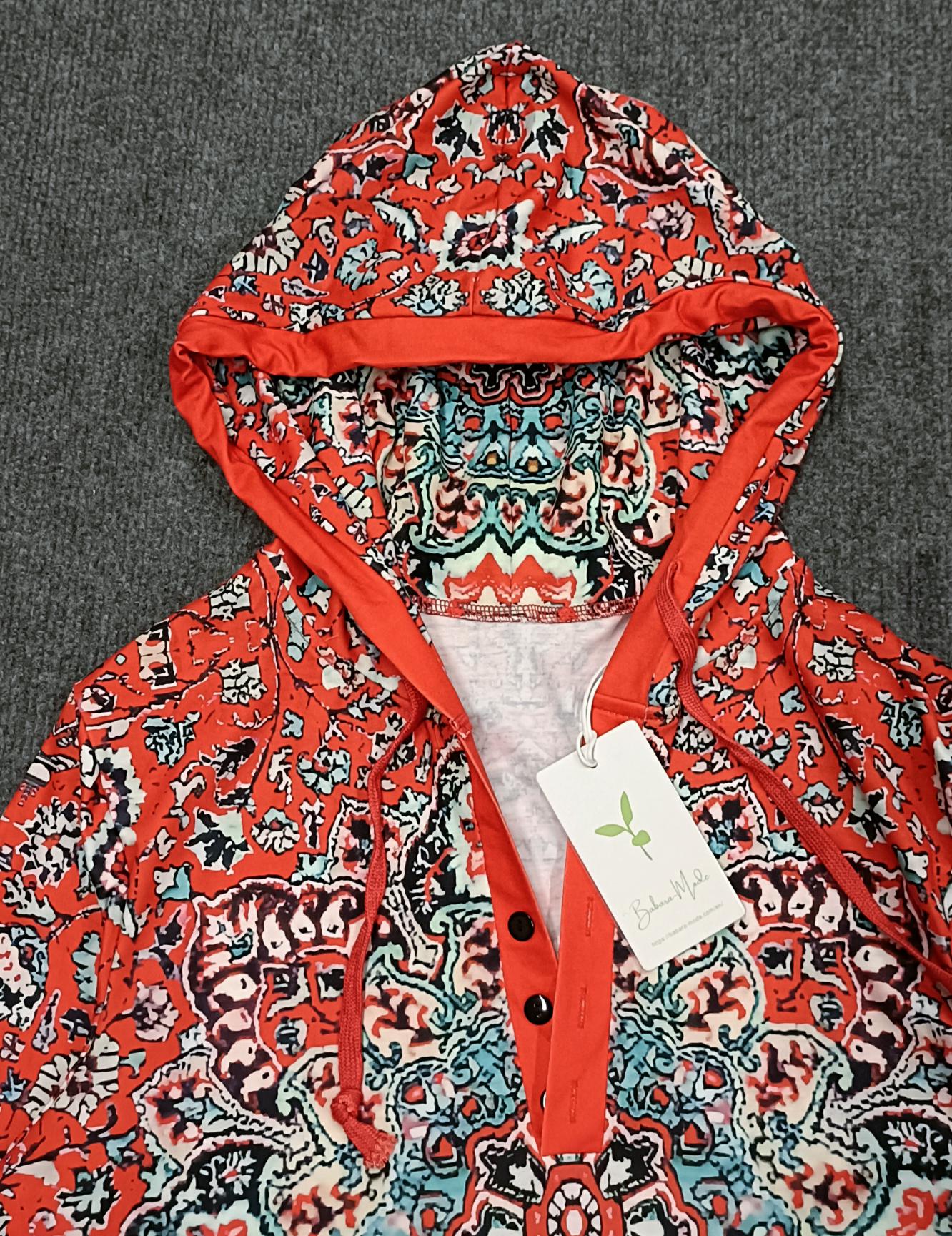 FallStil® - Rotes Mandala Print Kapuzen-Henley Sweatshirt mit langen Ärmeln