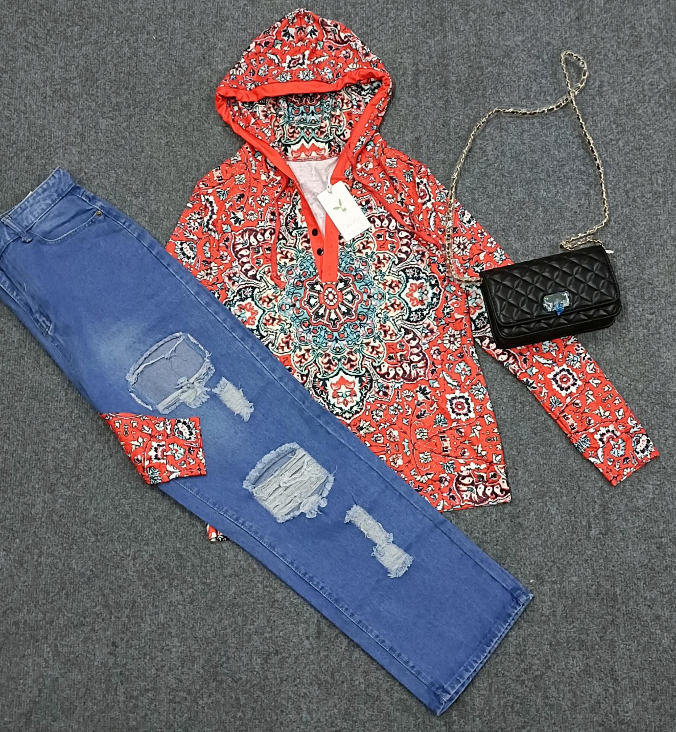 FallStil® - Rotes Mandala Print Kapuzen-Henley Sweatshirt mit langen Ärmeln