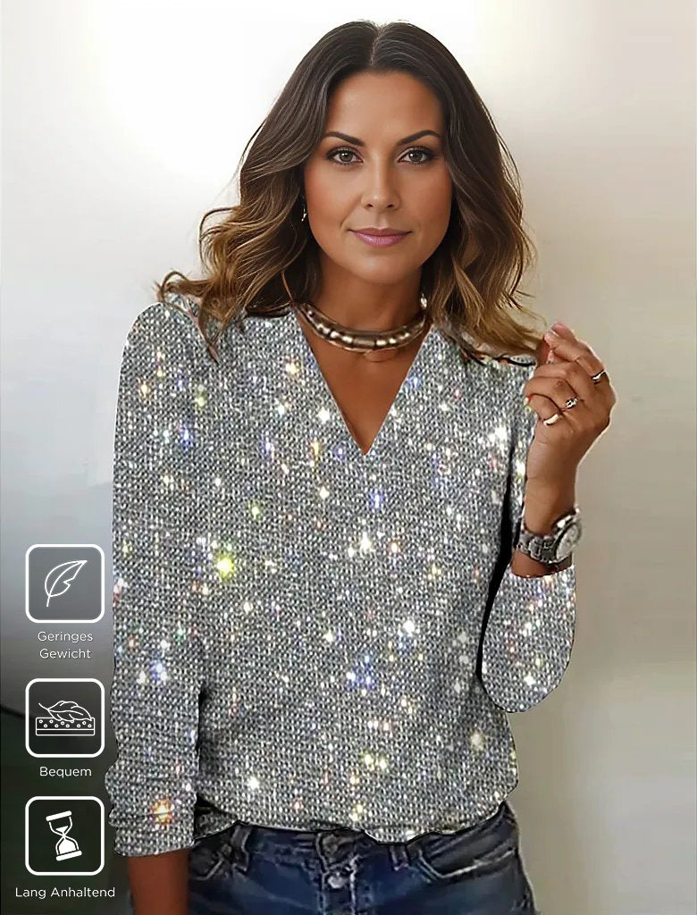 WinterTrend® - Silber Metallic Disco Flitter Druck V-Ausschnitt Langarm Top